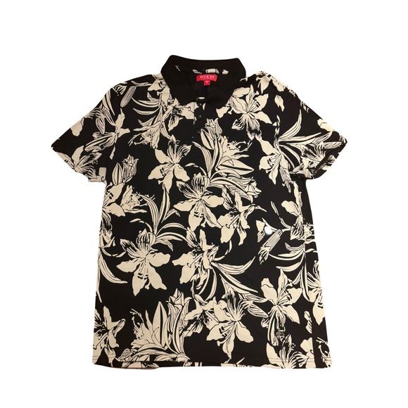 Guess black and cream lily Hawaii style polo size medium - Picture 1 of 4